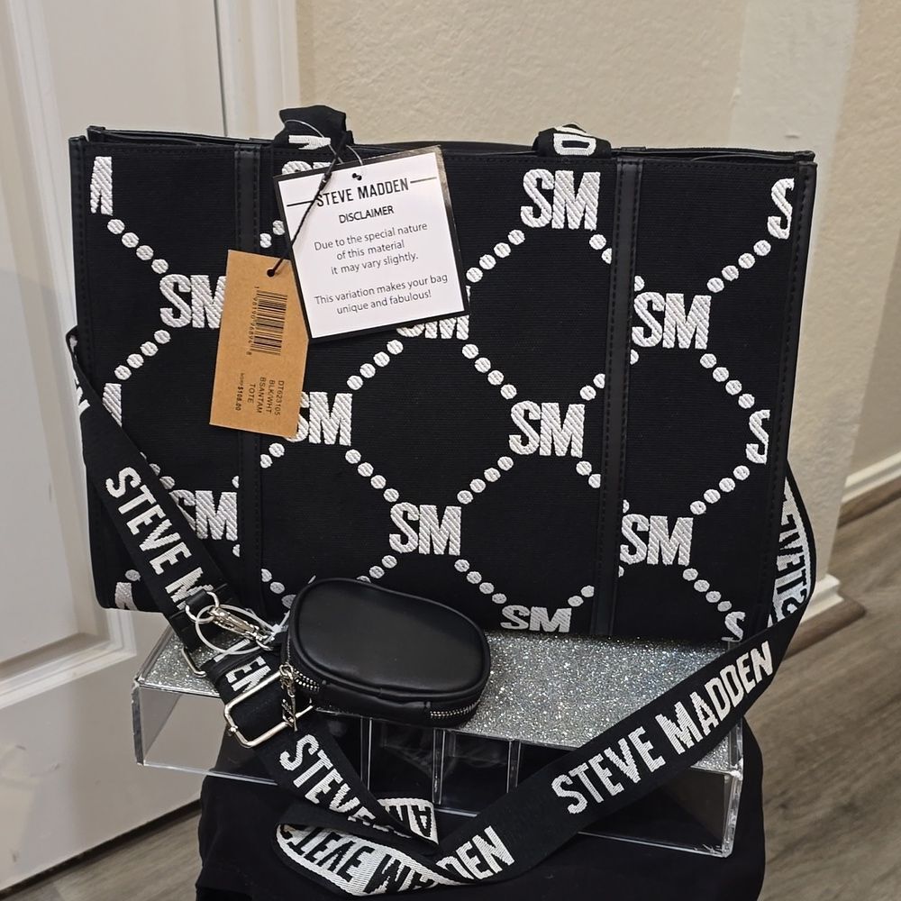 Steve Madden BSantam SM Diagonal Logo Canvas Tote Bag- Blaxk/White - Picture 7 of 13